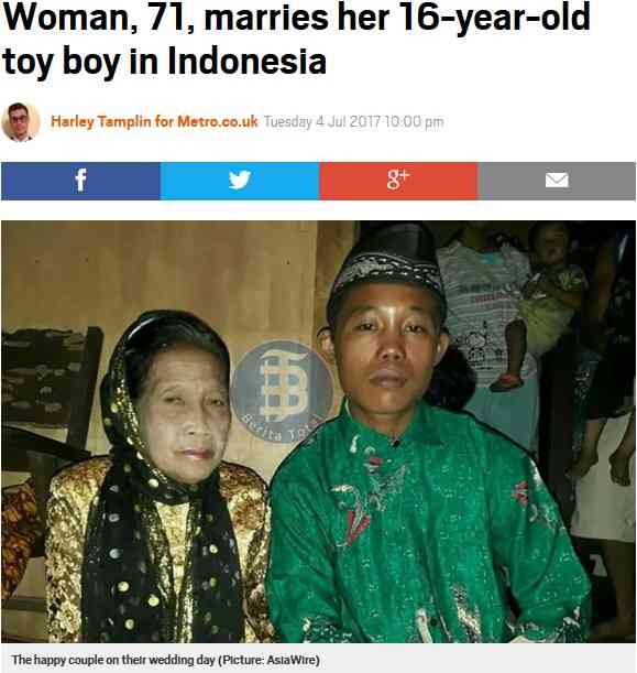 【海外発！Breaking News】「結婚出来ないのなら死ぬ」71歳女性と16歳男性が結婚（インドネシア） | Techinsight（テックインサイト）|海外セレブ、国内エンタメのオンリーワンをお届けするニュースサイト