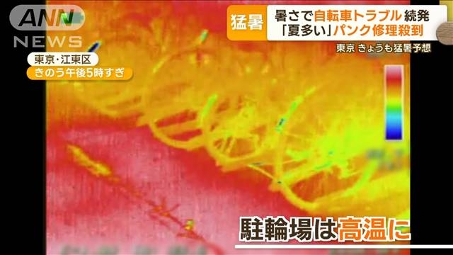 “タイヤがパンク”“バッテリー劣化”危険な暑さで自転車トラブル続出…駐輪場も高温