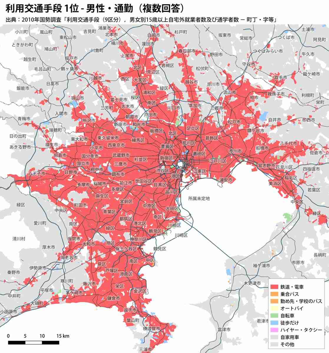 この「通勤・通学に車を使う割合」の地図を見ると車が必須かどうか一撃で分かる→非都市部なのに車不要な特殊な理由も面白い