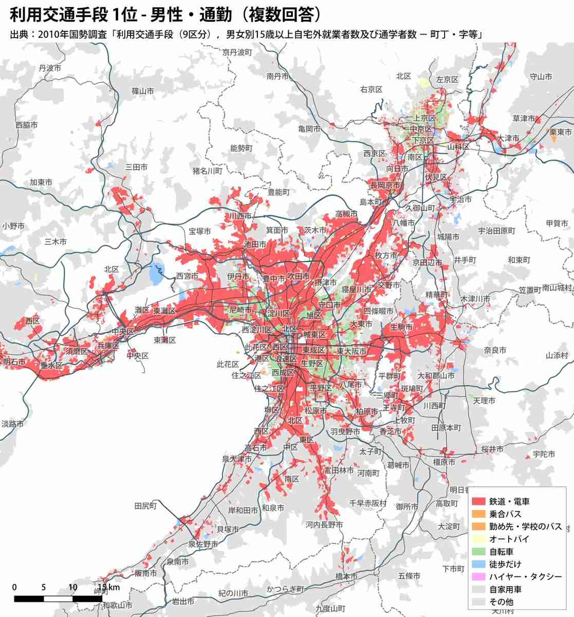 この「通勤・通学に車を使う割合」の地図を見ると車が必須かどうか一撃で分かる→非都市部なのに車不要な特殊な理由も面白い
