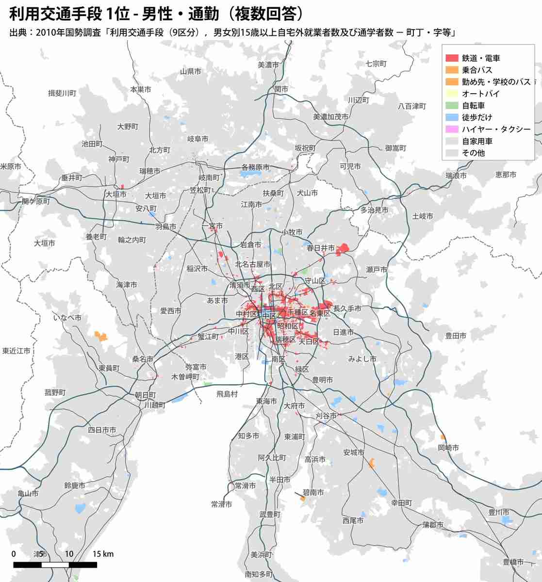 この「通勤・通学に車を使う割合」の地図を見ると車が必須かどうか一撃で分かる→非都市部なのに車不要な特殊な理由も面白い