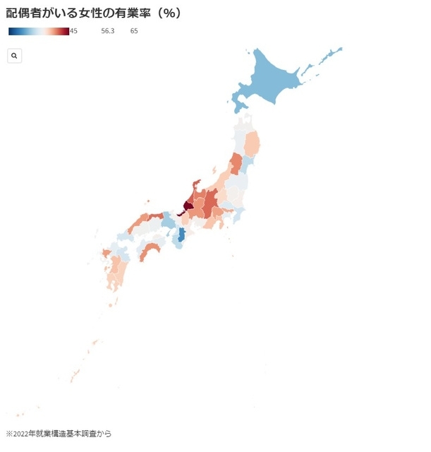 働く女性の割合、福井トップ「世代を超えて働く風土」　最下位は奈良