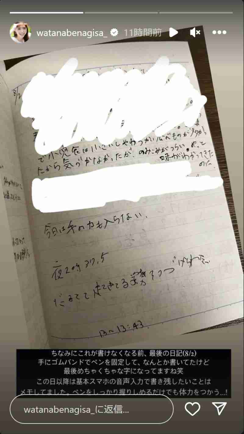 病名不明で入院の渡邊渚アナ、1カ月ぶりの“生存報告”で「私の26年はいくらになる？」　入院直後の直筆日記は荒い字で「手の力も入らない」