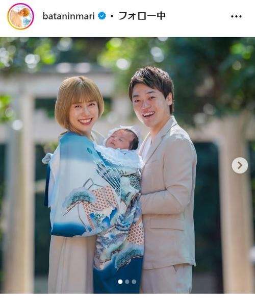 フジ山崎夕貴アナ金髪に「かわいすぎ」夫おばたのお兄さんが長男とのお宮参りスリーショット披露