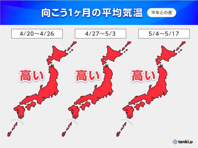 1か月　高温傾向続く　ゴールデンウィーク前から「かなりの高温」早めの熱中症対策を(気象予報士 石榑　亜紀子 2024年04月18日) - 日本気象協会 tenki.jp