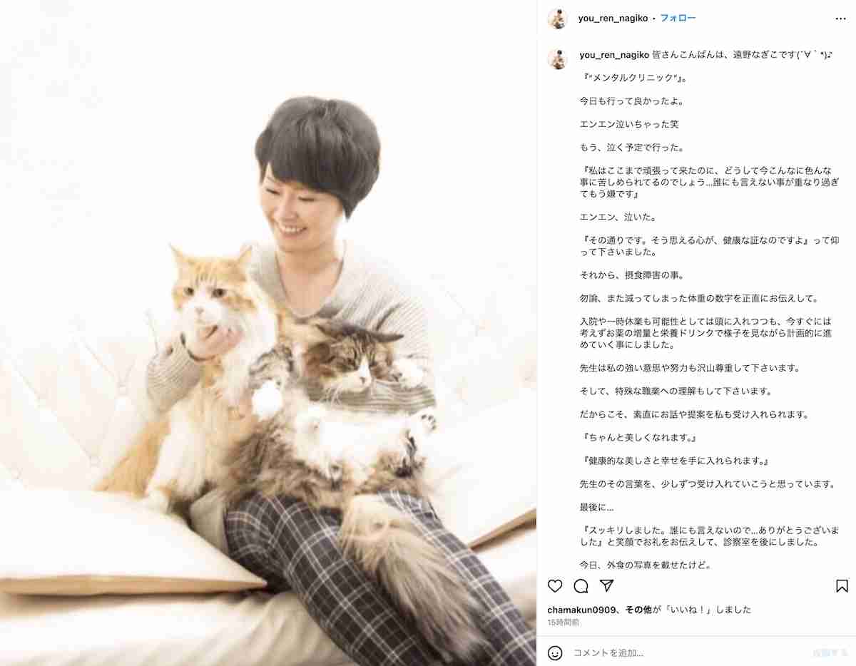 摂食障害公表の遠野なぎこ、入院の可能性に言及「エンエン泣いた」　SNS公開の食事は「ほとんど食べられなかったんだ」