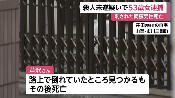 【何が】同棲する11歳年下男性の腹部刺した53歳女を逮捕　男性は路上で倒れ病院に搬送後死亡　山梨・市川三郷町