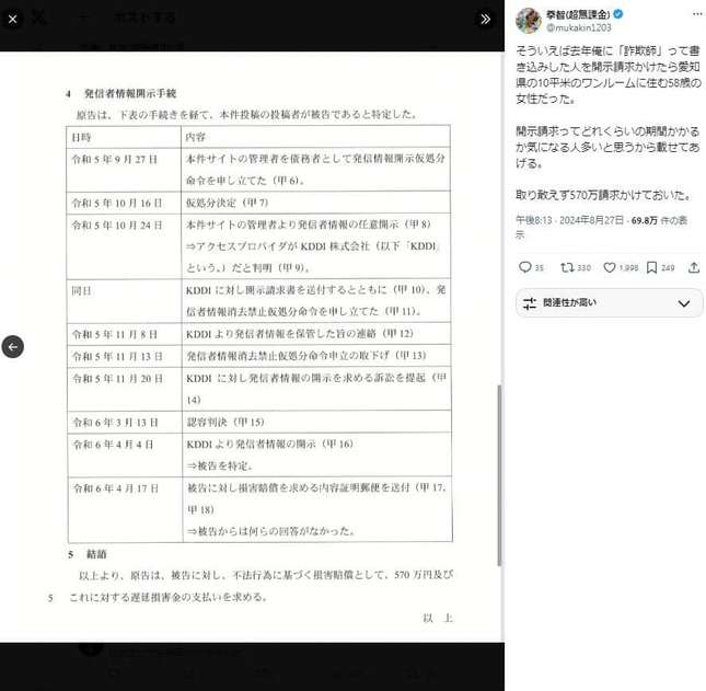 人気ゲーム実況者、誹謗中傷者を開示請求　「10平米のワンルームに住む58歳の女性だった」