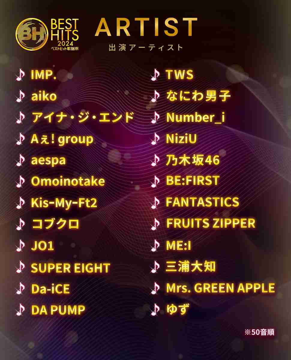 『ベストヒット歌謡祭2024』出演者24組発表 Number_iら9組が初出演、なにわ男子、乃木坂46、ミセスら出演