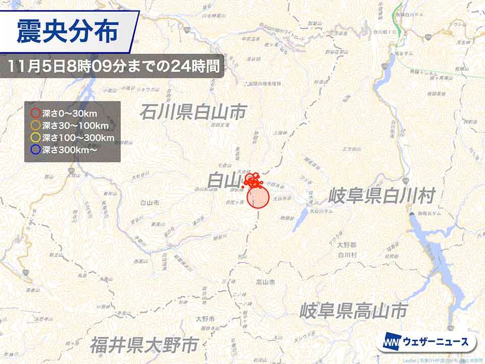 昨日、白山のやや深部でM4.2の有感地震　その後一時的に地震が増加　石川・岐阜 - ウェザーニュース