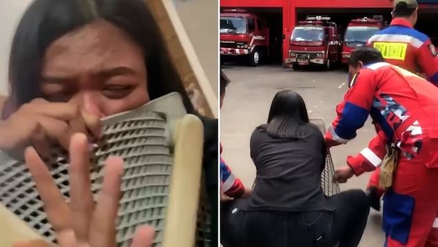 鼻ピアスが椅子の背もたれに引っかかった女性 無様な姿で消防隊に救助される