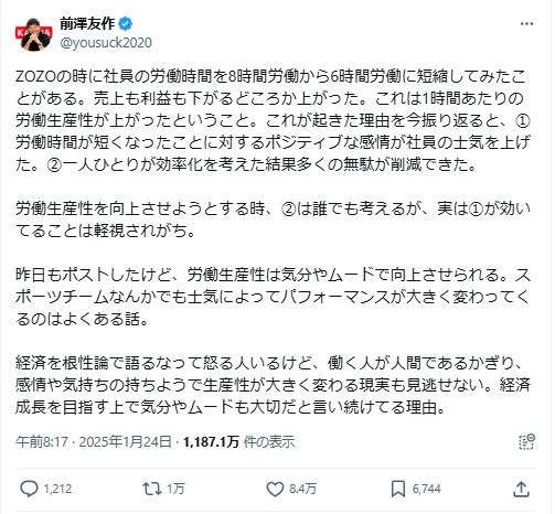 前澤友作氏「社員の労働時間を8時間から6時間に短縮してみた」→「売上も利益も上昇」と報告