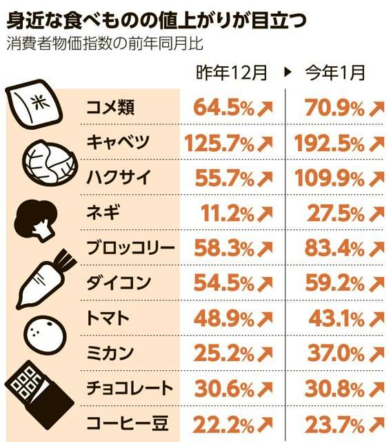 １月の消費者物価指数「米類」上昇率 過去最大の70％超、「生鮮食品」21.9％の上昇