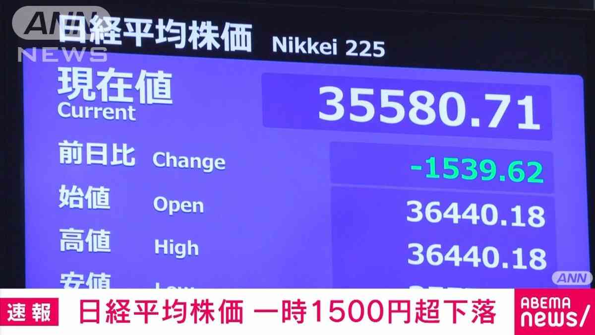 日経平均株価　一時1500円超下落　トランプ政権の関税政策懸念
