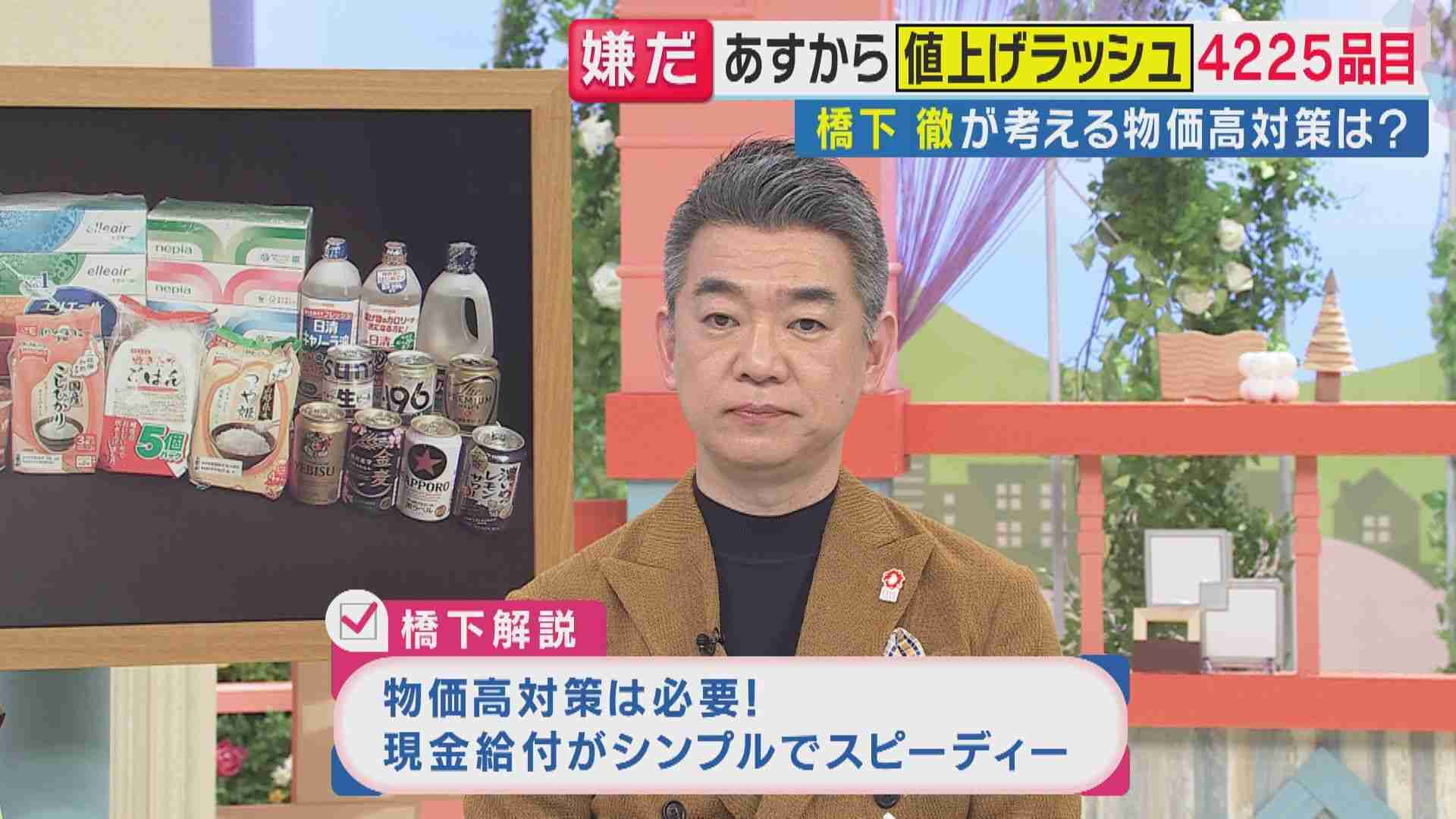 「物価高対策は現金給付がシンプルでスピーディー」と橋下氏が指摘　4月から値上げラッシュが到来　食品から日用品まで、4月1日から4225品目が対象　「デジタルシステムを構築すべき」も現状は時間もコストもかかる