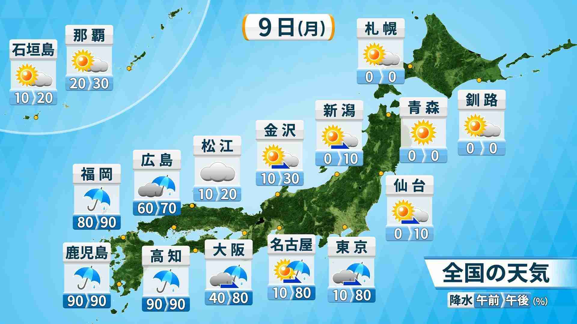【6月9日(月)の天気】梅雨前線北上で続々と梅雨入りか　九州南部で線状降水帯発生のおそれ　大雨災害に警戒（ウェザーマップ） - Yahoo!ニュース