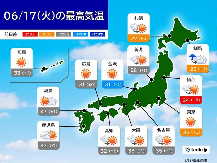 今日17日　各地で真夏のような暑さ　東京都心で今年初の35℃か　熱中症に警戒