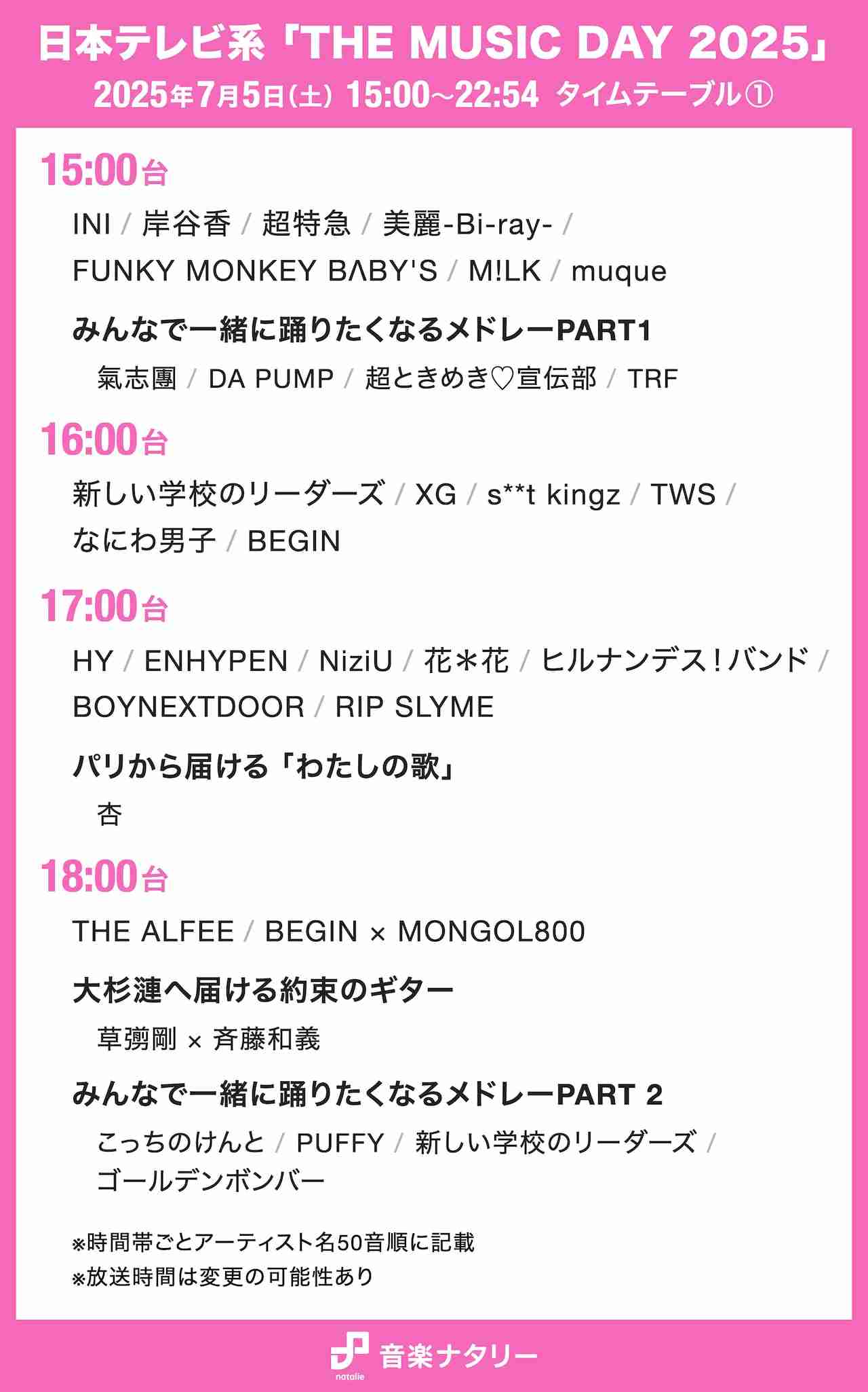 「THE MUSIC DAY 2025」タイムテーブル発表!ミセス、Snow Man、Perfume、超特急、HANAらの登場時間は