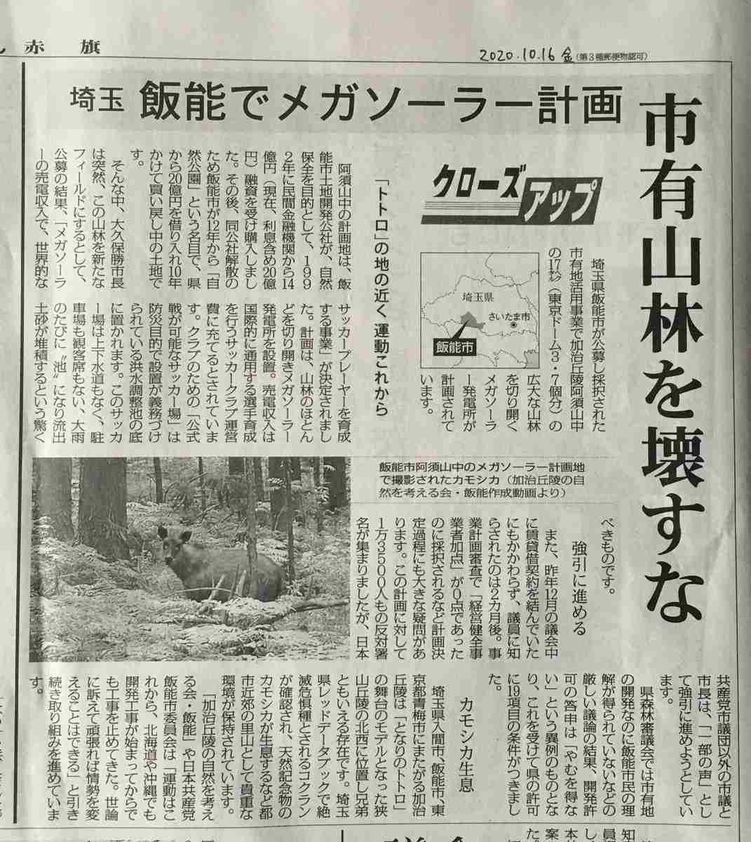 しんぶん赤旗で阿須山中の市有地を切り開いて進められているメガソーラー計画の記事が掲載されました | 日本共産党飯能市議団