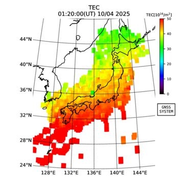  GEONET リアルタイムGPS全電子数マップ (最新6時間、10分間隔)