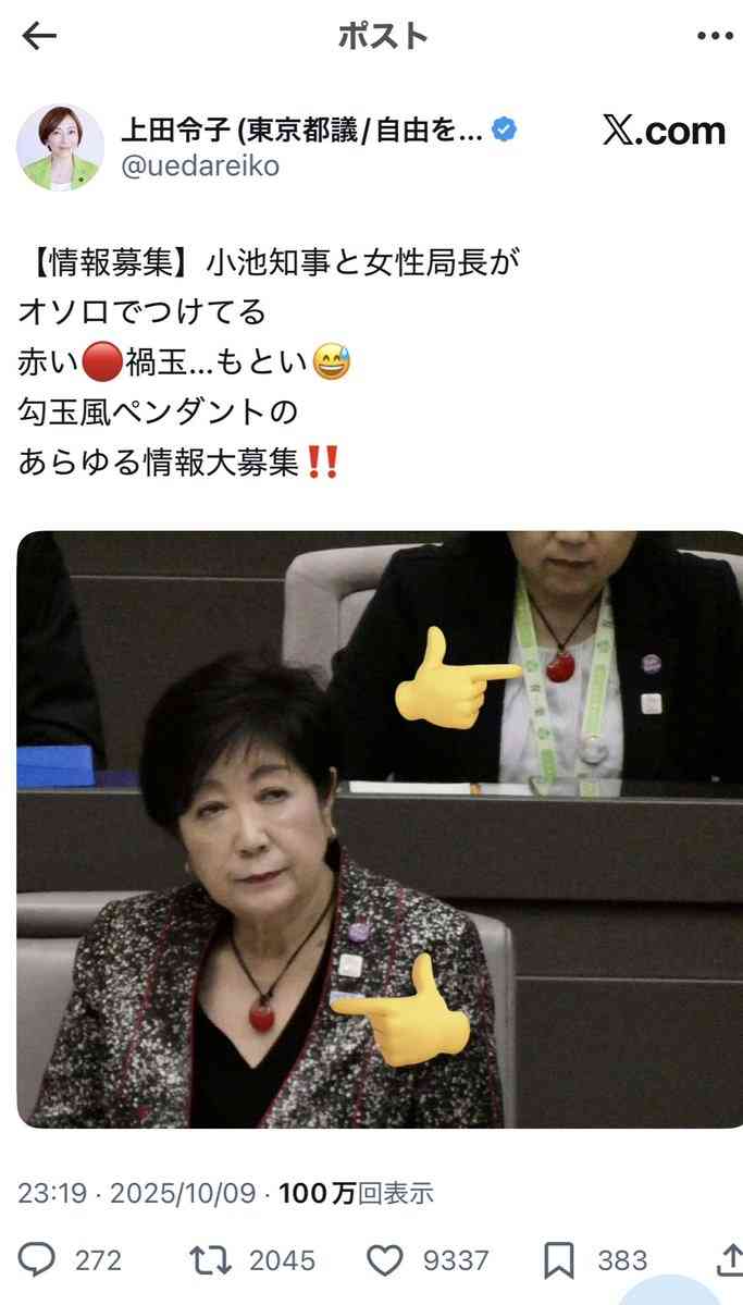 「浅はかすぎます」と批判続出…東京都議（60）　小池都知事のペンダントをXで「禍玉」呼び→輪島塗の指摘に謝罪＆投稿削除