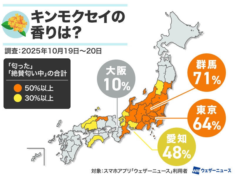 キンモクセイ香った？　関東は開花ピーク、西日本と東日本で大きな差 - ウェザーニュース