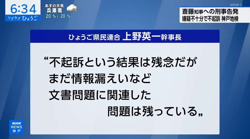 兵庫・斎藤元彦知事を不起訴　公職選挙法違反容疑で書類送検