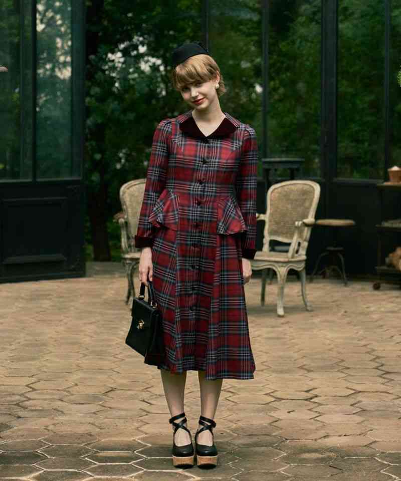 別珍ラペルペプラムチェックワンピース/an another angelus [55BE02j002] | F i.n.t公式通販サイト