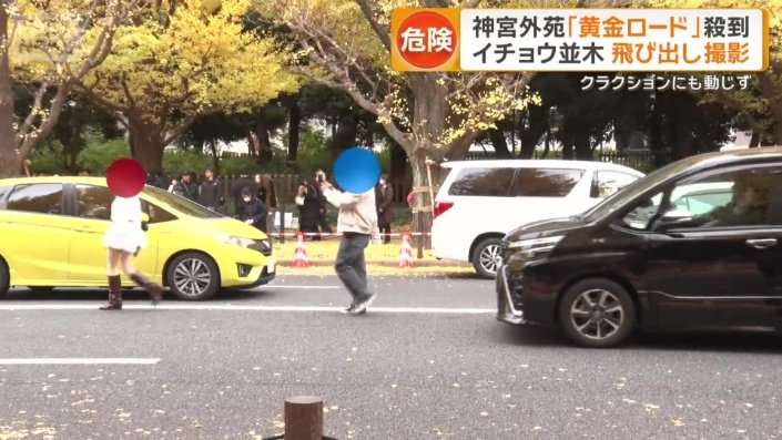 神宮外苑イチョウ並木の紅葉に観光客殺到　車道での危険な撮影相次ぎ混乱