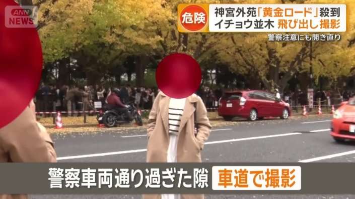 神宮外苑イチョウ並木の紅葉に観光客殺到　車道での危険な撮影相次ぎ混乱