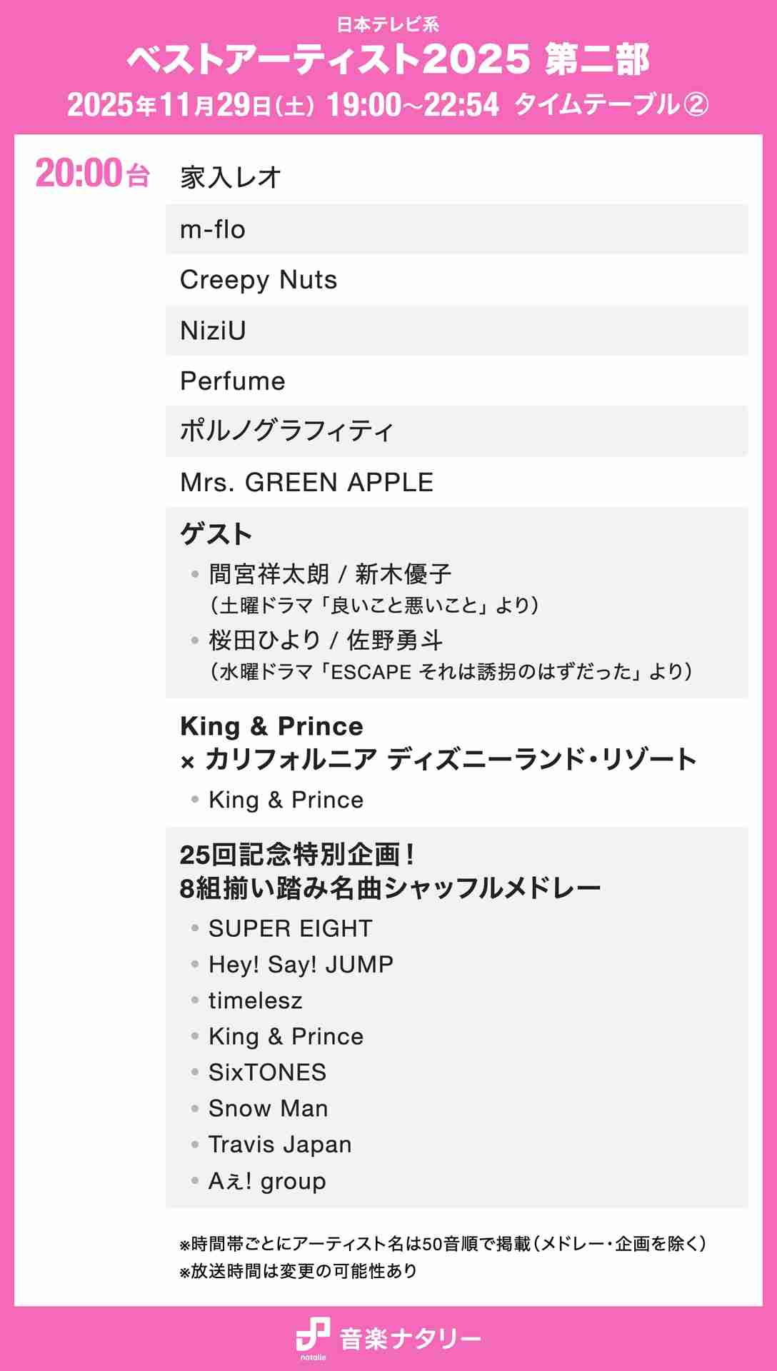 「ベストアーティスト2025」タイムテーブル発表!ミセス、Snow Man、HANA、Perfume、M!LKら出演者の登場時間は