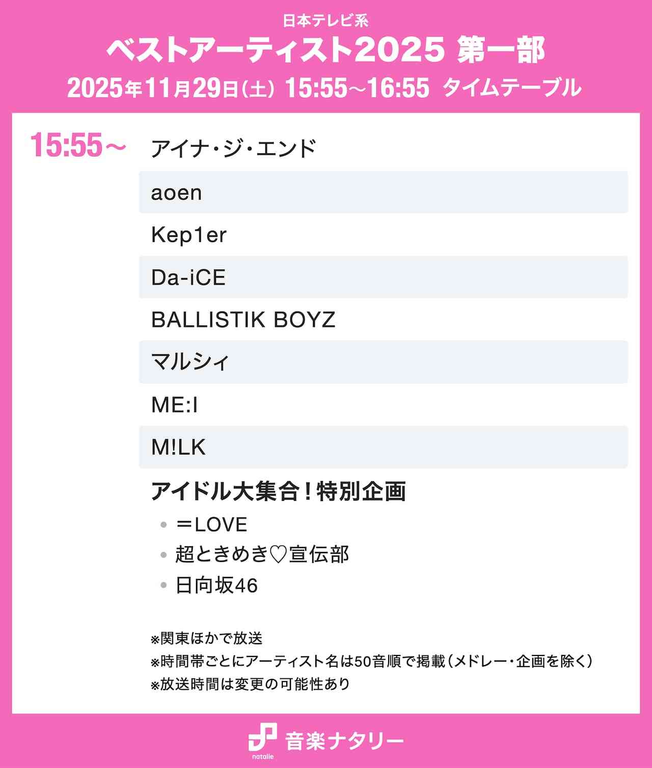 「ベストアーティスト2025」タイムテーブル発表!ミセス、Snow Man、HANA、Perfume、M!LKら出演者の登場時間は