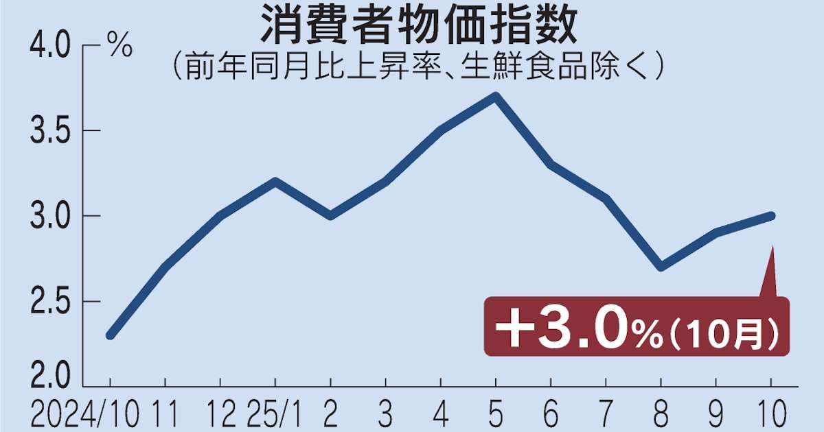 全国の消費者物価指数、10月3.0%上昇　2カ月連続で伸び拡大 - 日本経済新聞