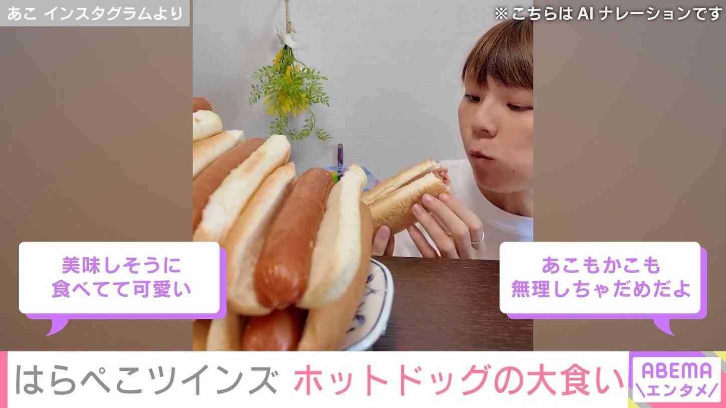 うつ病告白 入院し活動休止していた大食い双子姉妹YouTuber・はらぺこツインズ、ホットドッグの大食いを披露