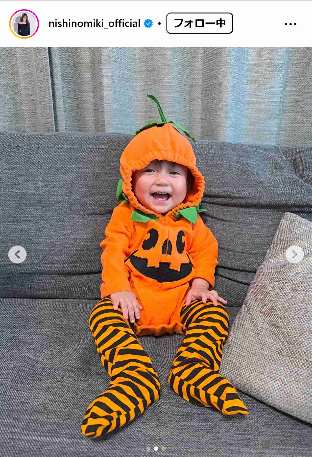 西野未姫、1歳長女&夫・極楽とんぼの山本圭壱との“ハロウィン風”家族3ショット「大きくなりましたね」「かわいすぎるぅー!」