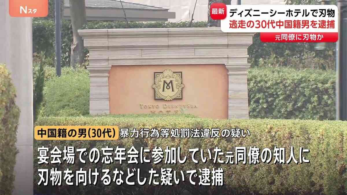 【速報】30代中国籍の男逮捕　元同僚に刃物　東京ディズニーシーのホテルミラコスタ宴会場に侵入・逃走　忘年会を開催していた会社の元従業員 | TBS NEWS DIG