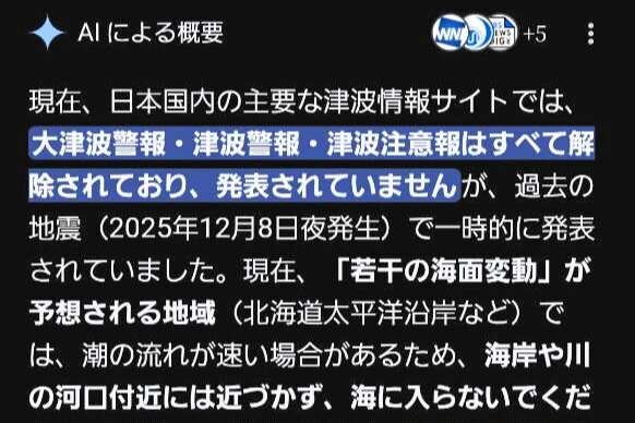 津波警報の発表中にグーグル検索、AIが「すべて解除」と誤情報