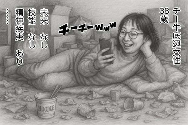 チー牛底辺女性38歳　未来：なし　技能：なし　精神疾患：あり / チー牛底辺女性（チーメス） さんのイラスト - ニコニコ静画 (イラスト)