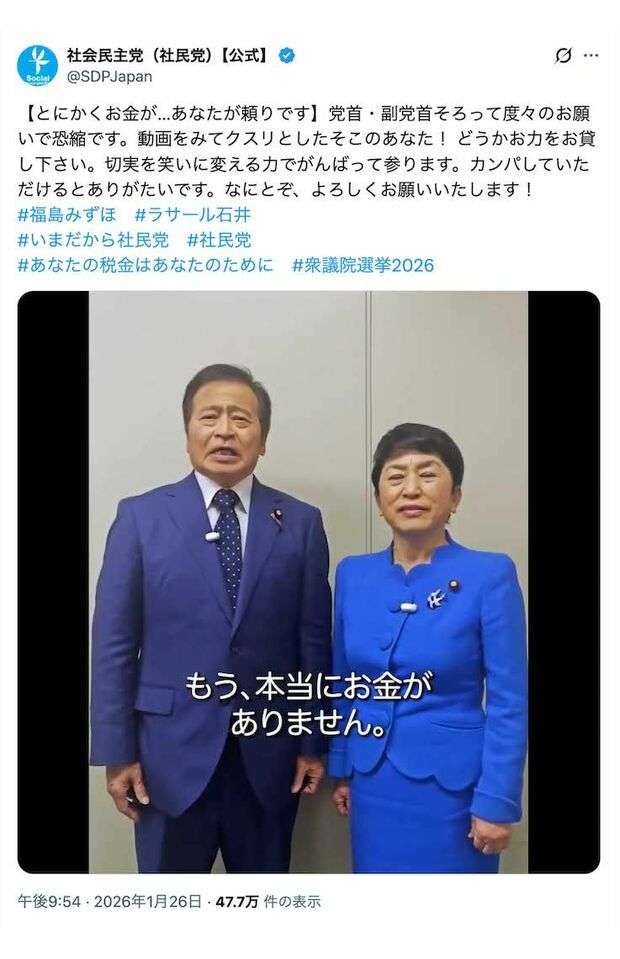 《選挙戦》社民党「とにかくお金がないんです！」笑顔で国民にカンパのお願い投稿、“金クレ姿勢”に批判殺到