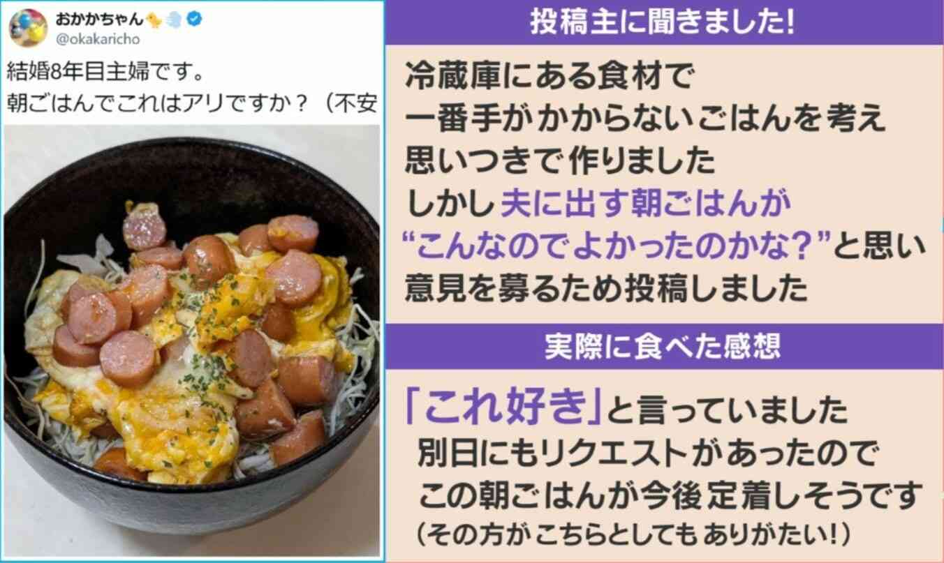 結婚8年目主婦の自称“手抜き”朝ごはん→不安を吹き飛ばす大反響「アリと言うかこれが良いです」「これで文句言う人いないでしょ」
