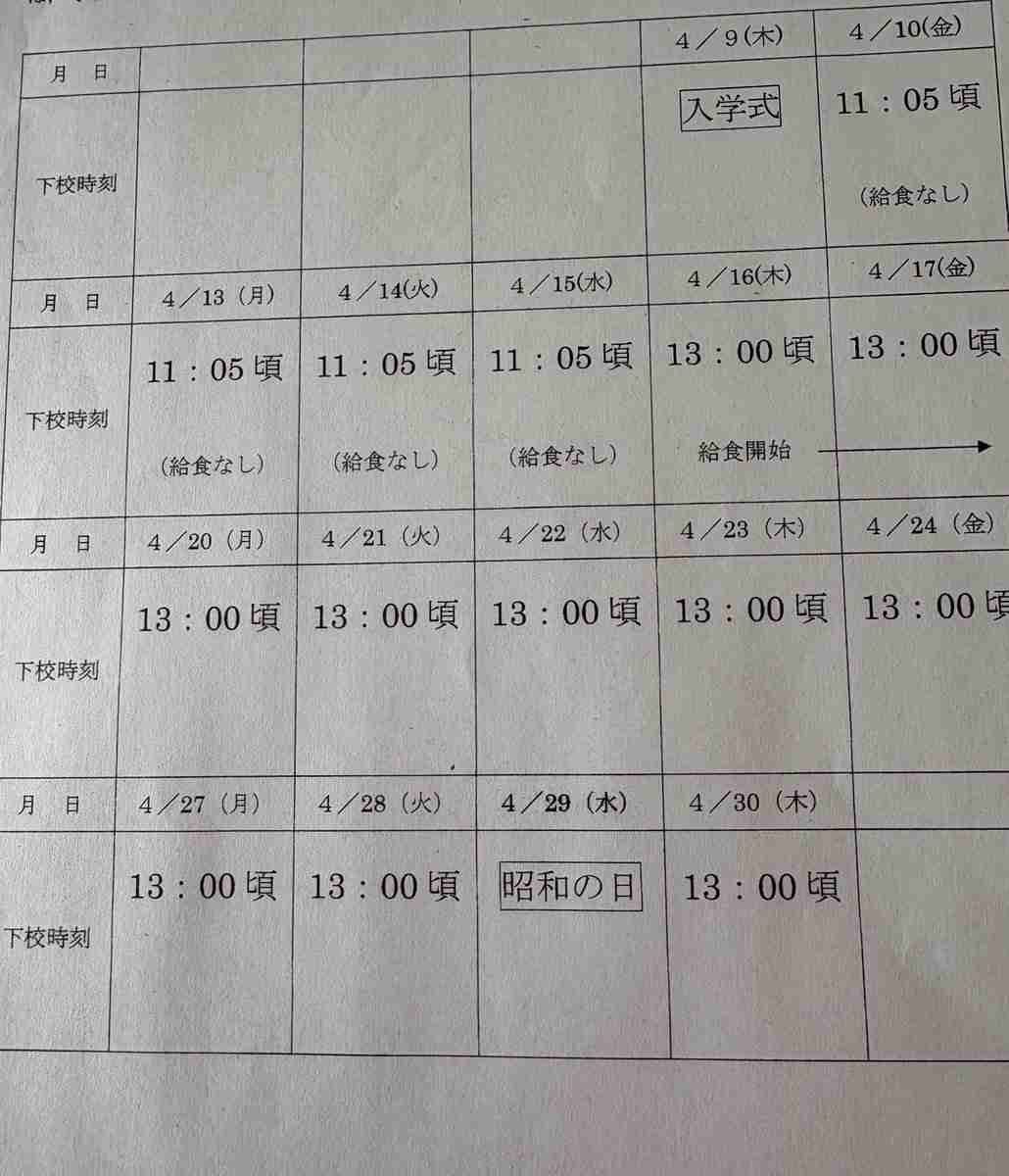 小1の4月は学校が終わる時間が午前でめちゃくちゃ早い…小学校からもらった予定表を見て共働き家庭が衝撃を受ける「働き方を考えてしまう」