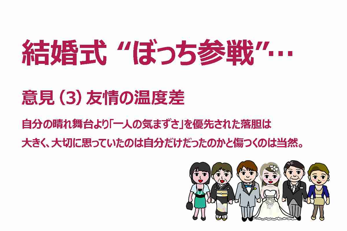 【トラブル】結婚式で “友情崩壊”…？招待するも 《ぼっち参戦》 拒否！ ⇒ 音信不通 　お断りは「薄情」か「自衛」か