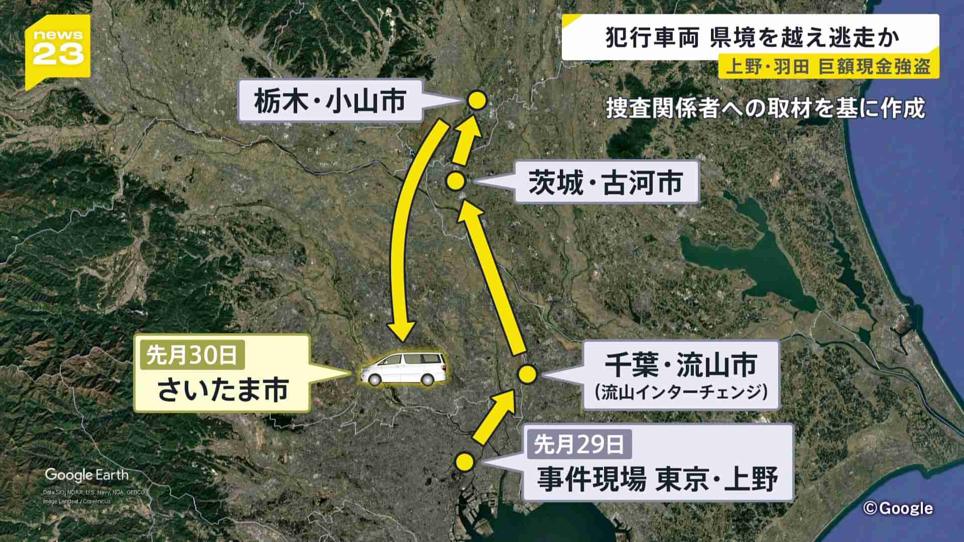 都内で相次いで億単位の現金狙われた事件 上野の事件で使用の“逃走ワゴン車”千葉→茨城→栃木→さいたま市へ… 実行役らの行方を追う　警視庁（TBS NEWS DIG Powered by JNN） - Yahoo!ニュース
