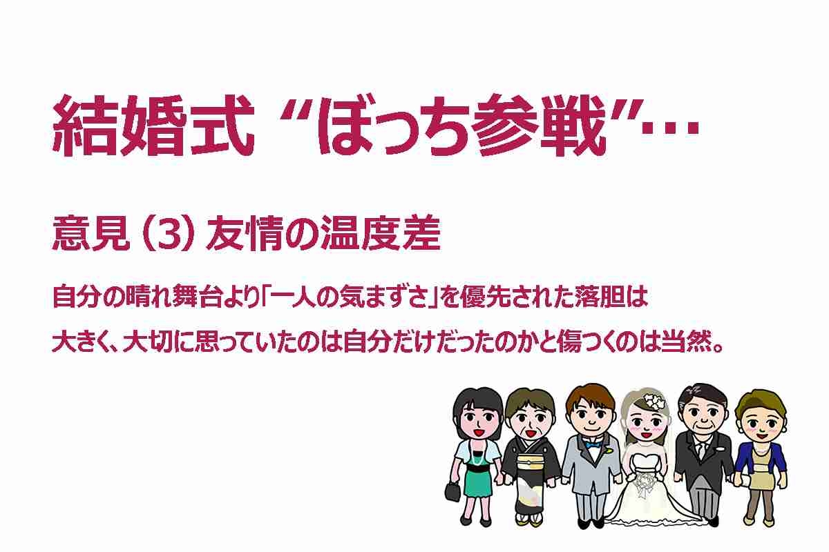 【トラブル】結婚式で “友情崩壊”…？招待するも 《ぼっち参戦》 拒否！ ⇒ 音信不通 　お断りは「薄情」か「自衛」か