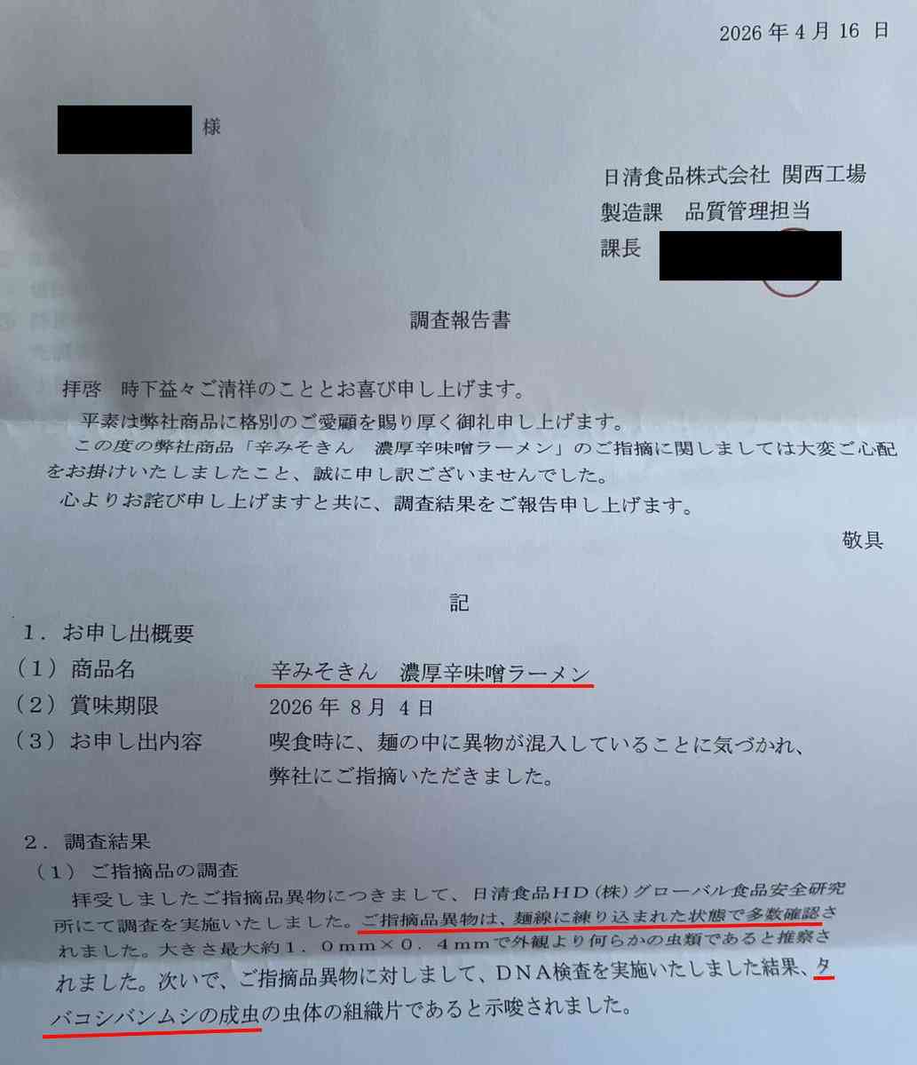 ヒカキンの「辛みそきん」に虫混入の報告　お詫びの品はカップ麺3個　日清の対応に被害者は不満