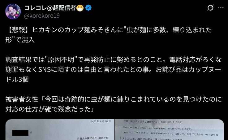 ヒカキンの「辛みそきん」に虫混入の報告　お詫びの品はカップ麺3個　日清の対応に被害者は不満 - YouTubeニュース | ユーチュラ
