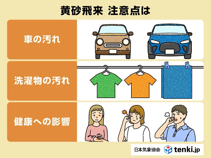 明日21日～22日　北日本から西日本の広い範囲に黄砂飛来　車や洗濯物に注意