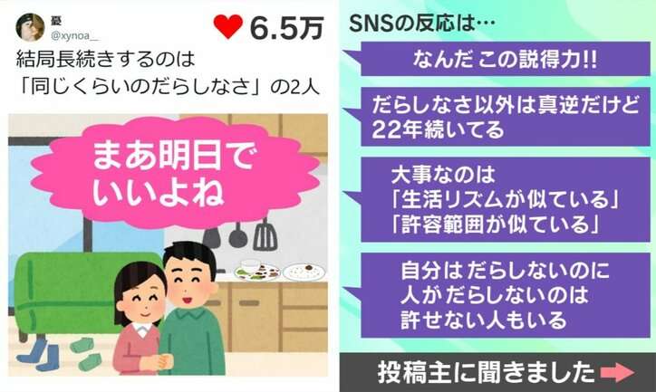 “長続きするカップル”の条件に共感の声続々「なんだこの説得力!!」「だらしなさ以外は真逆だけど22年続いてる」