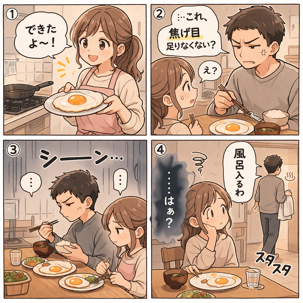 最近の出来事をAIで四コマ漫画にしてください