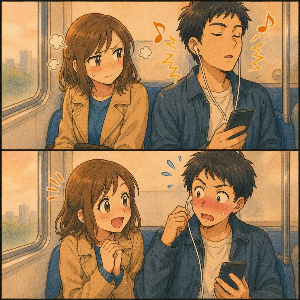 「うるさいな」電車で音漏れする男→「音、漏れてますよ」と注意すると揉めそうだったので、あえて、私がかけた斜め上の言葉とは